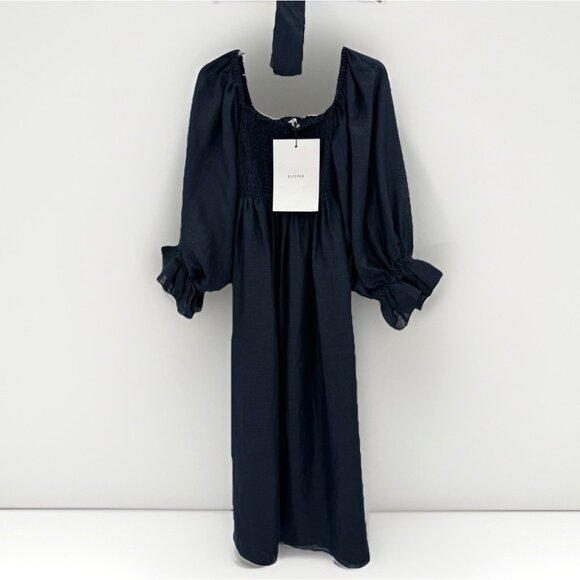 Sleeper Navy Blue Linen Atlanta Midi Dress XXL 2XL Smocked Puff Sleeve Sash NWT - Picture 1 of 8
